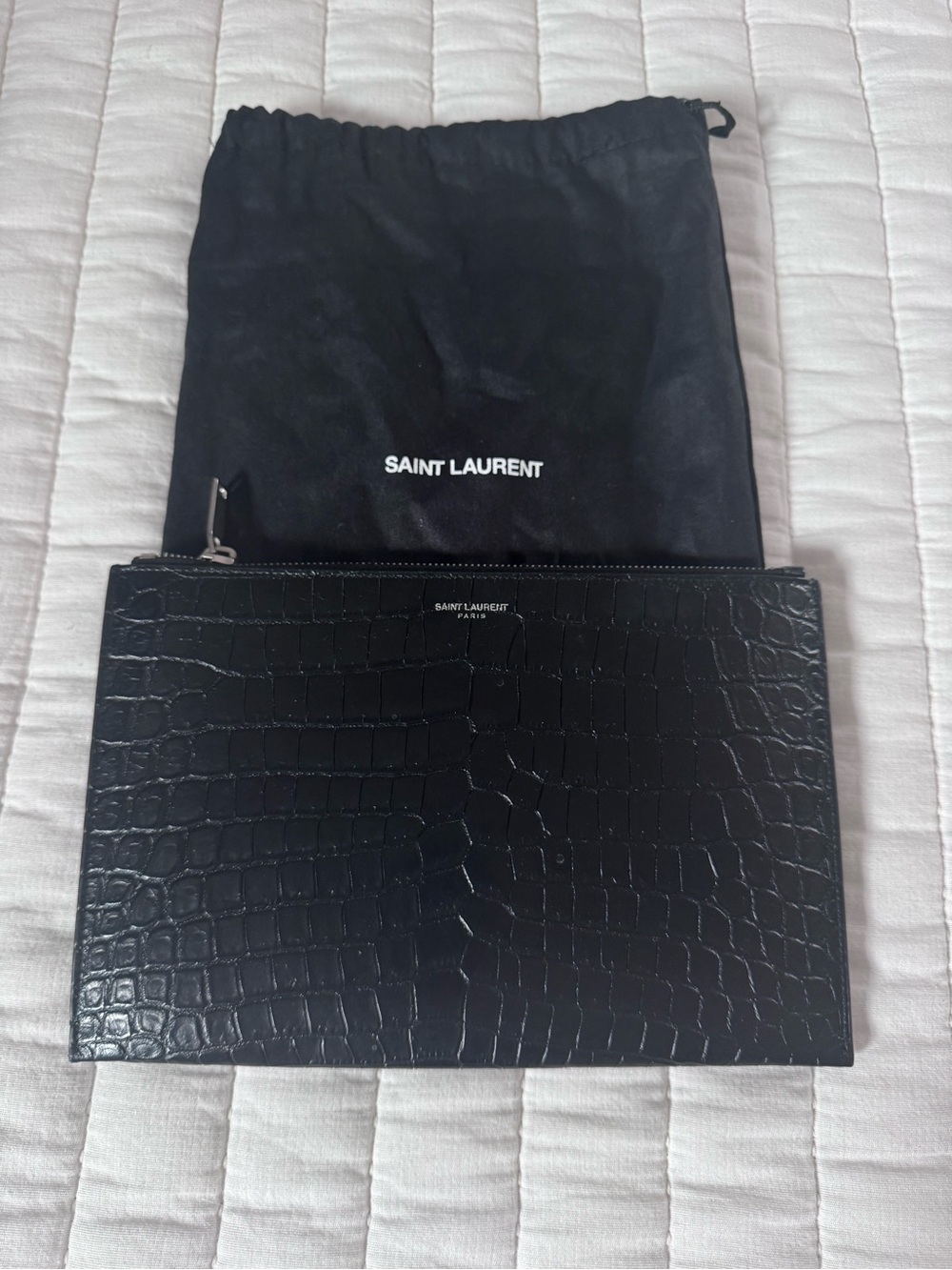 Saint Laurent Black Croc-Embossed Leather Zip Sleeve